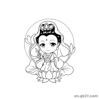 Free printable Chinese New Year Coloring Page with Guanyin on Lotus Throne coloring page