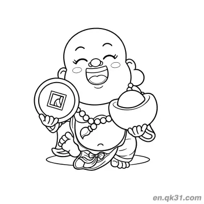 Free printable Chinese New Year Coloring Page with Happy Buddha Holding Coin and Gold Ingot coloring page