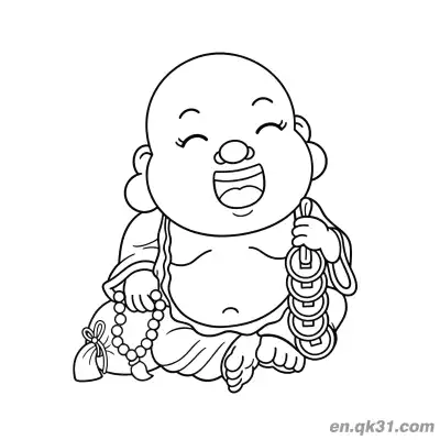 Free printable Chinese New Year Coloring Page with Happy Buddha Holding Coins and Prayer Beads coloring page