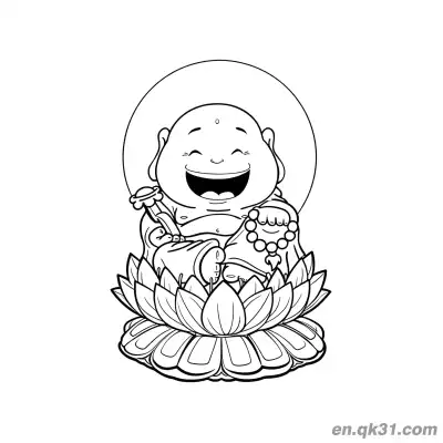 Free printable Chinese New Year Coloring Page with Happy Buddha on Lotus Holding Ruyi and Prayer Beads coloring page