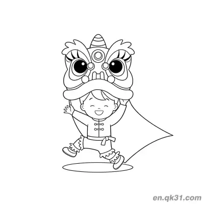Free printable Chinese New Year Coloring Page with Kid Performing Lion Dance coloring page