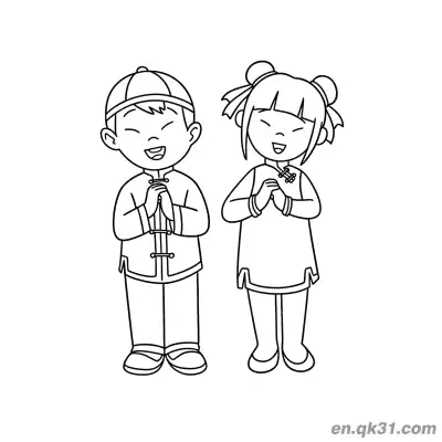 Free printable Chinese New Year Coloring Page with Kids Doing New Year Greetings in Traditional Outfits coloring page