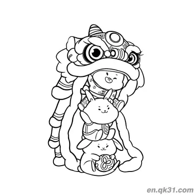 Free printable Chinese New Year Coloring Page with Lion Dance Head and Stacked Bunnies coloring page