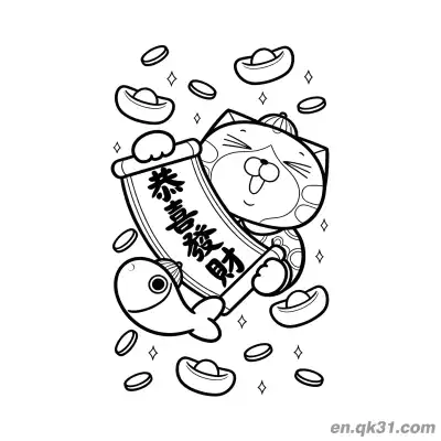 Free printable Chinese New Year Coloring Page with Lucky Cat and Gong Xi Fa Cai coloring page