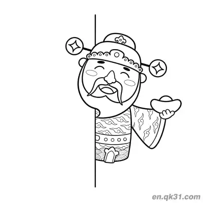 Free printable Chinese New Year Coloring Page with Peeking God of Wealth and Gold Ingot coloring page