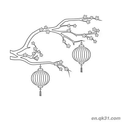 Free printable Chinese New Year Coloring Page with Plum Blossom and Lanterns coloring page