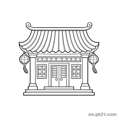 Free printable Chinese New Year Coloring Page with Traditional Chinese House and Lanterns coloring page