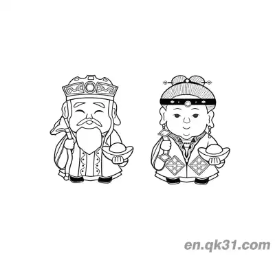 Free printable Chinese New Year Coloring Page with Two God of Wealth Figures Fu De Zheng Shen and His Consort coloring page