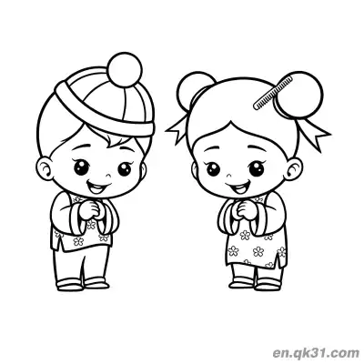 Free printable Chinese New Year Coloring Page with Two Kids Doing New Year Greetings in Floral Outfits coloring page
