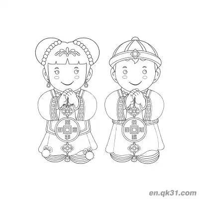 Free printable Chinese New Year Coloring Page with Two Kids Greeting and Good Luck Medallions coloring page