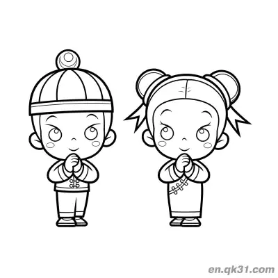 Free printable Chinese New Year Coloring Page with Two Kids in Traditional Outfits Greeting coloring page