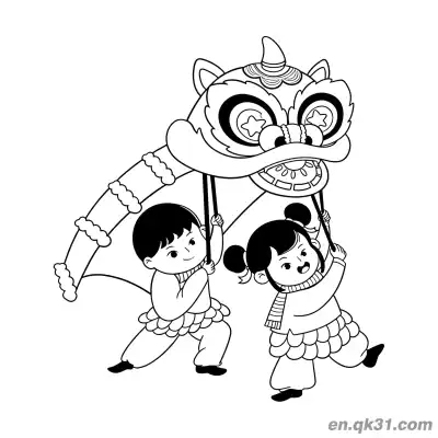 Free printable Chinese New Year Coloring Page with Two Kids Performing Lion Dance coloring page