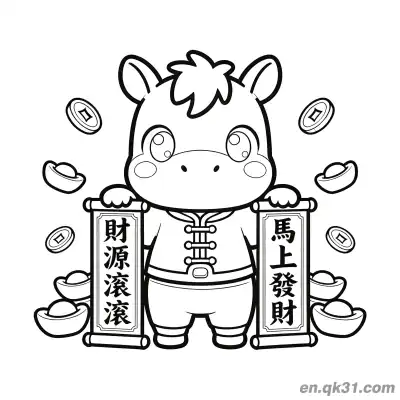 Free printable Chinese New Year Coloring Page with Year of the Horse and Fortune Couplets coloring page
