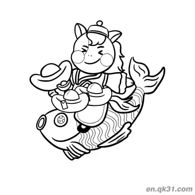 Free printable Chinese New Year Coloring Page with Year of the Horse on Fish and Gold Ingots coloring page