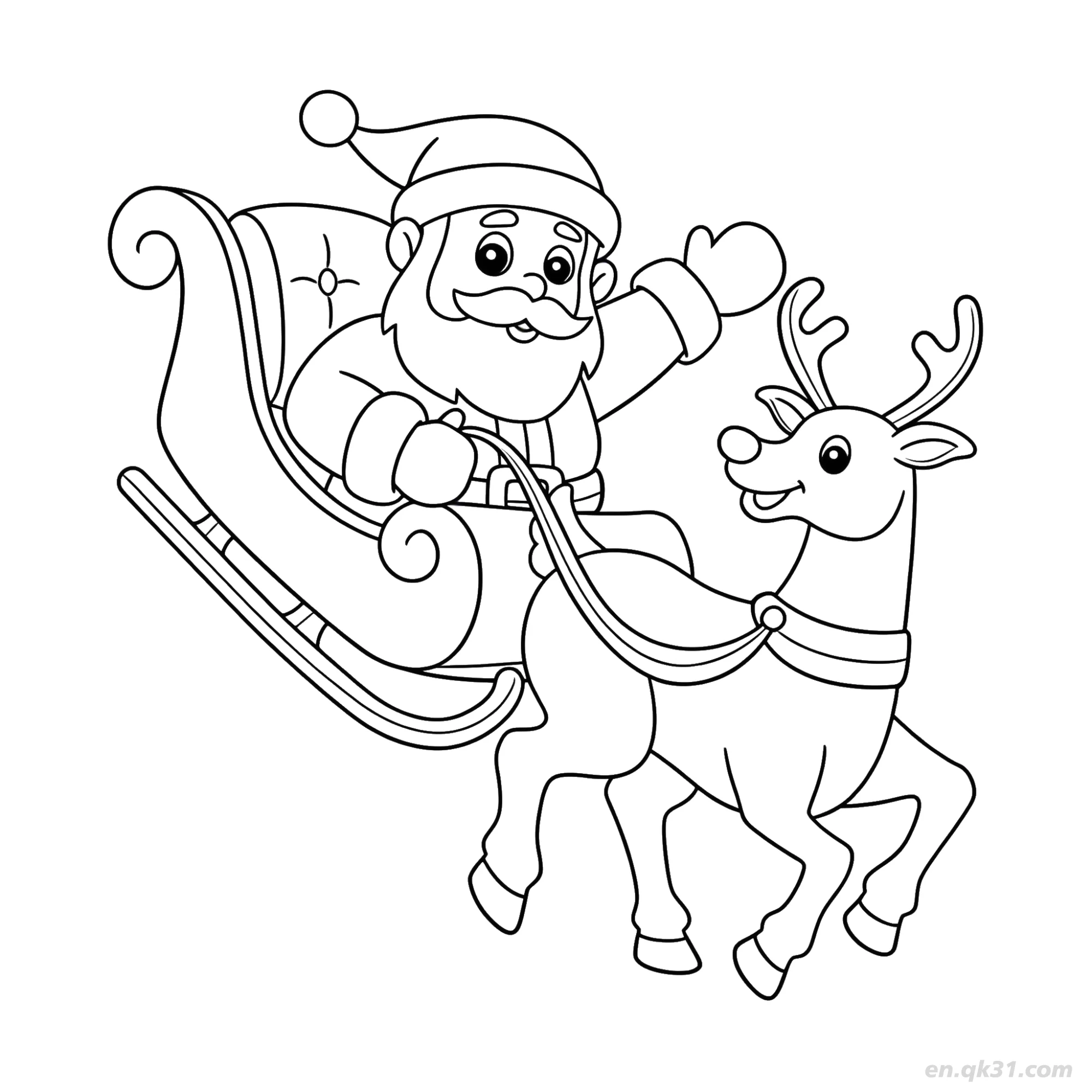 Santa Riding Sleigh with Reindeer Coloring Page – Free Printable Coloring Page for Kids and Adults