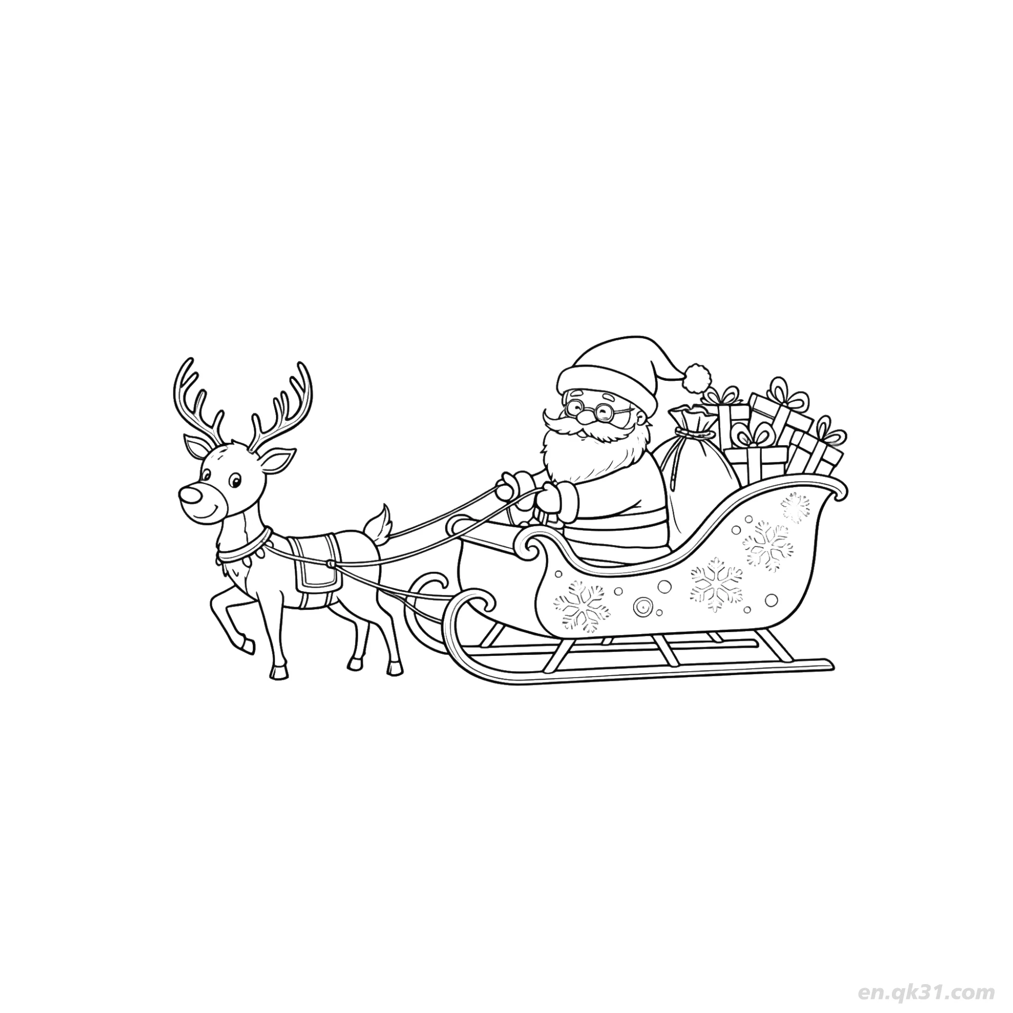 Santa Sleigh Pulled by Reindeer Coloring Page – Free Printable Coloring Page for Kids and Adults