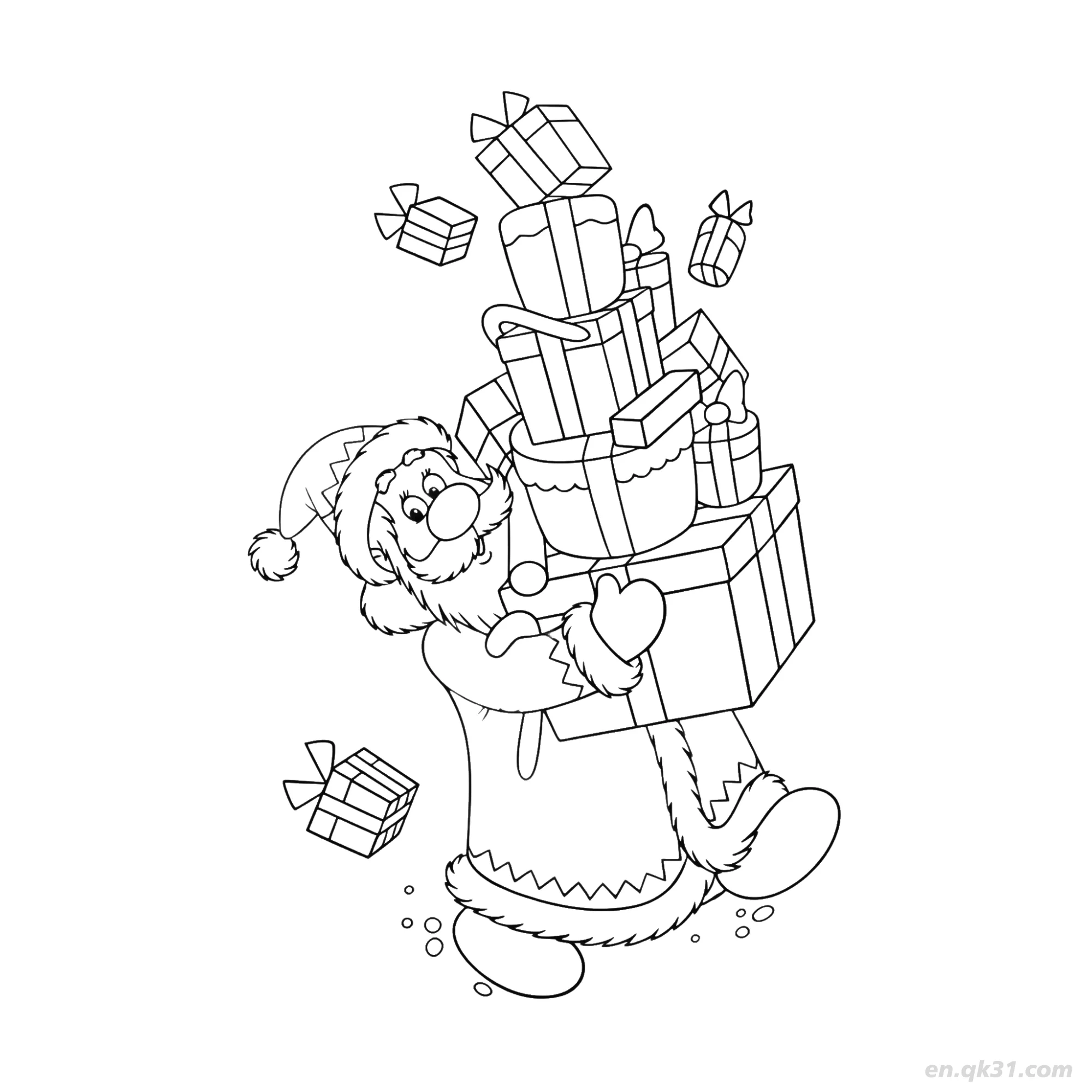 Santa with Stacked Presents Coloring Page – Free Printable Coloring Page for Kids and Adults