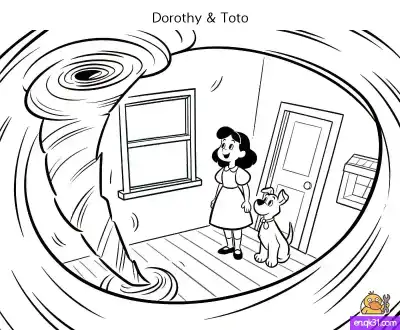 Free printable Wizard of Oz Tornado Coloring Page - Dorothy & Toto coloring page