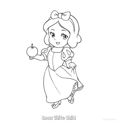 Free printable Cute Child Snow White Holding Apple Coloring Page coloring page