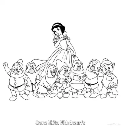Free printable Snow White Leading the Seven Dwarfs Coloring Page coloring page