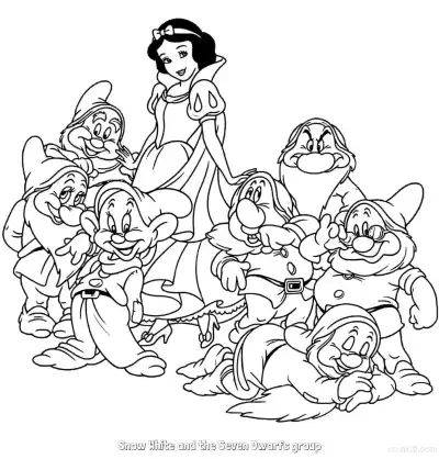 Free printable Snow White and Seven Dwarfs Group Coloring Page coloring page