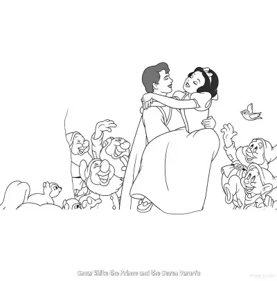 Free printable Snow White Prince and Seven Dwarfs Coloring Page coloring page