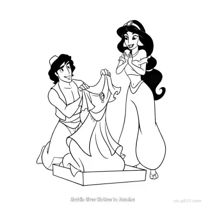 Free printable Aladdin Giving Dress Gift to Princess Jasmine Coloring Page coloring page
