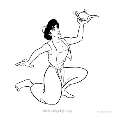 Free printable Aladdin Holding the Magic Lamp Up High Coloring Page coloring page