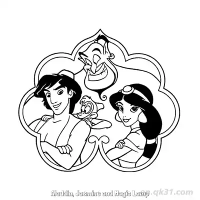 Free printable Aladdin Jasmine and Magic Lamp Frame Coloring Page coloring page