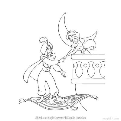 Free printable Aladdin Picking Up Jasmine on Carpet Coloring Page coloring page