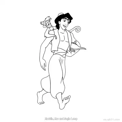 Free printable Aladdin Holding Abu and Magic Lamp Coloring Page coloring page