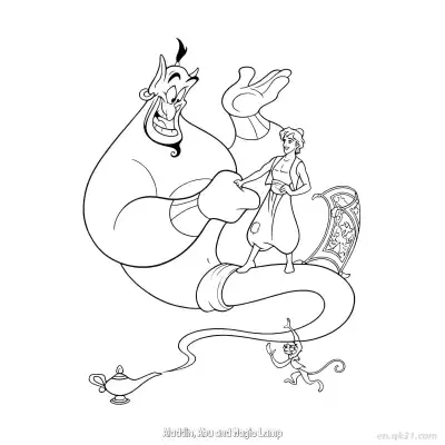 Free printable Genie Emerging to Shake Hands with Aladdin Abu Watches Coloring Page coloring page
