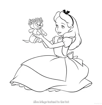 Free printable Alice Brings Garland to the Cat 1 Coloring Page - Free Printable Alice in Wonderland PDFS Coloring Sheets coloring page