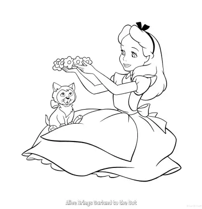 Free printable Alice Brings Garland to the Cat 2 Coloring Page - Free Printable Alice in Wonderland PDFS Coloring Sheets coloring page