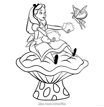 Free printable Alice Feeds Butterflies  Coloring Page - Free Printable Alice in Wonderland PDFS Coloring Sheets coloring page