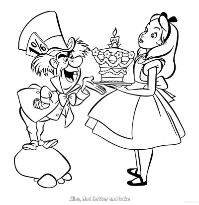 Free printable Alice, Mad Hatter and Cake  Coloring Page - Free Printable Alice in Wonderland PDFS Coloring Sheets coloring page