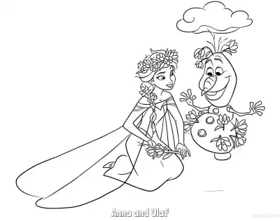 Free printable Anna and Olaf Spring Flowers Coloring Page coloring page