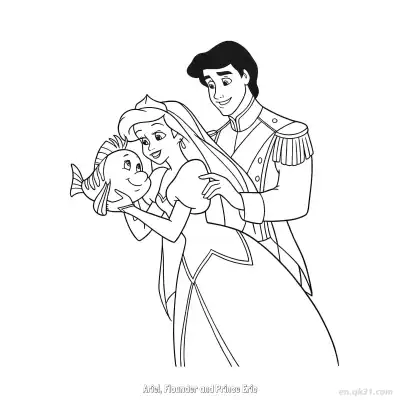 Free printable Ariel, Flounder and Prince Eric  Coloring Page - Free Printable Disney The Little Mermaid PDFS Coloring Sheets coloring page
