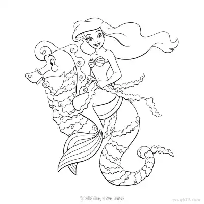 Free printable Ariel Riding a Seahorse 2 Coloring Page - Free Printable Disney The Little Mermaid PDFS Coloring Sheets coloring page