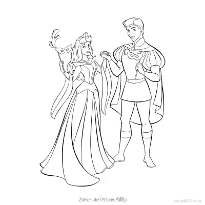 Free printable Princess Aurora and Prince Phillip Masquerade Ball Coloring Page coloring page