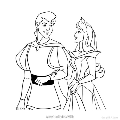 Free printable Aurora and Prince Phillip Walking Together Coloring Page coloring page