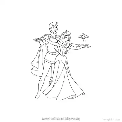 Free printable Aurora and Prince Phillip Dancing with Birds Coloring Page coloring page