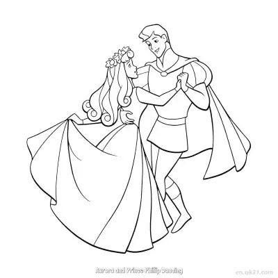 Free printable Aurora and Prince Phillip Dancing with Flower Coloring Sheet coloring page
