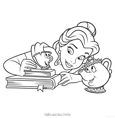 Free printable Belle and Mrs. Potts Reading Together Coloring Page coloring page