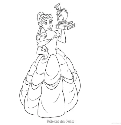 Free printable Belle in Gown and Mrs. Potts Coloring Page coloring page