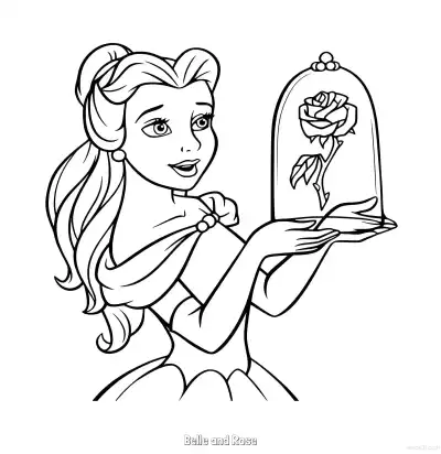 Free printable Belle Holding the Enchanted Rose Coloring Page coloring page