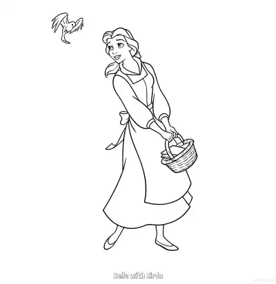 Free printable Belle with Birds Coloring Page | Nature Scene coloring page