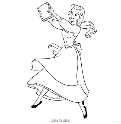 Free printable Belle Joyfully Reading a Book Coloring Page 1 coloring page