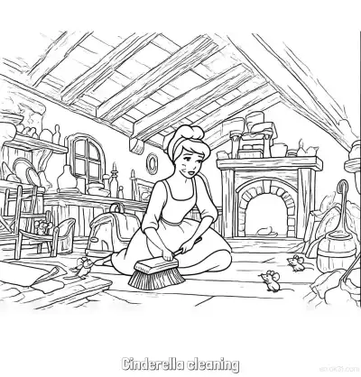 Free printable Cinderella Cleaning the Attic Coloring Page coloring page