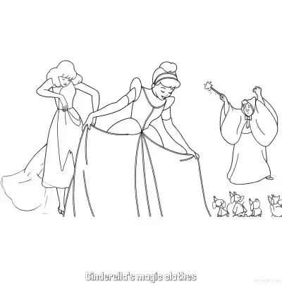 Free printable Fairy Godmother Creating Magic Dress for Cinderella Coloring Page coloring page